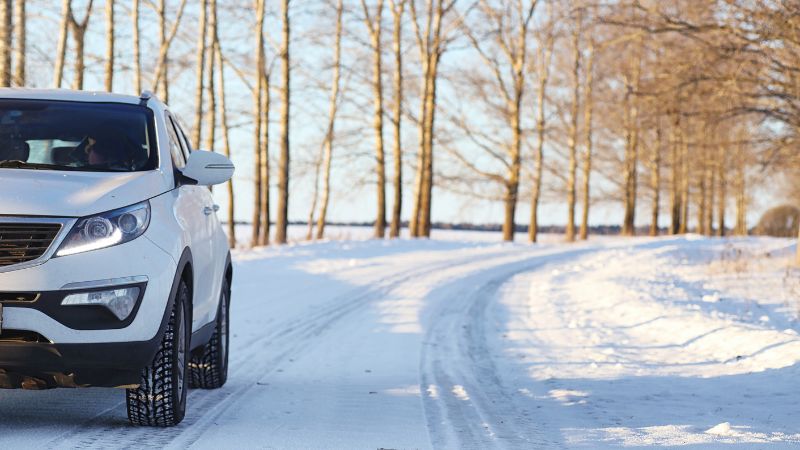 White SUV parked on a snowy road lined with trees.
