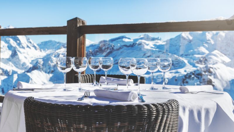 luxury restaurant table with beautiful landscape view of the mountains