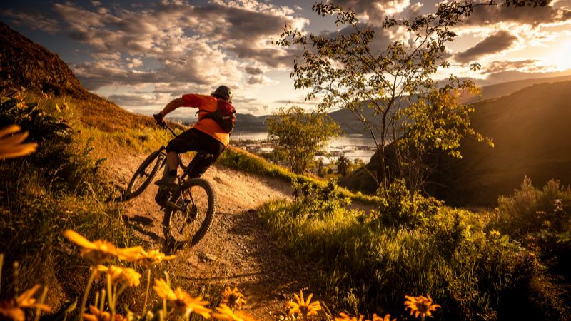 A mountain biker rides downhill on a dirt trail at sunset.