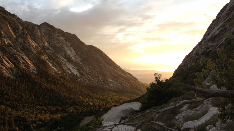Scenic mountain canyon at sunset with trees in the valley below.
