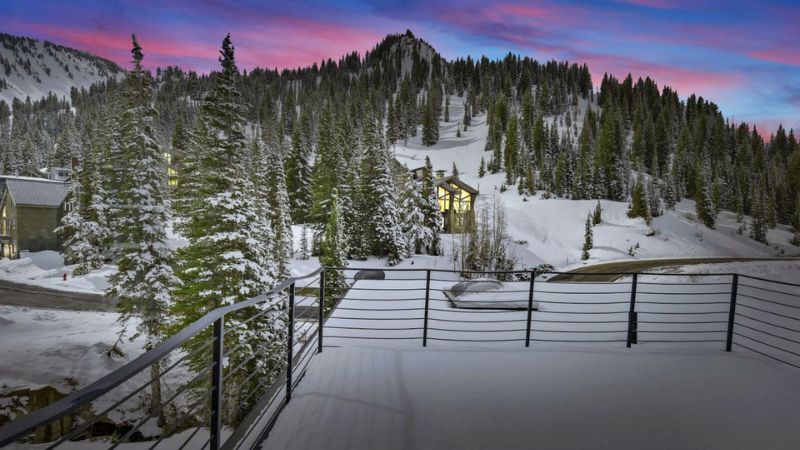 Snowy mountain view from a balcony overlooking pine trees and nearby homes in Alta.