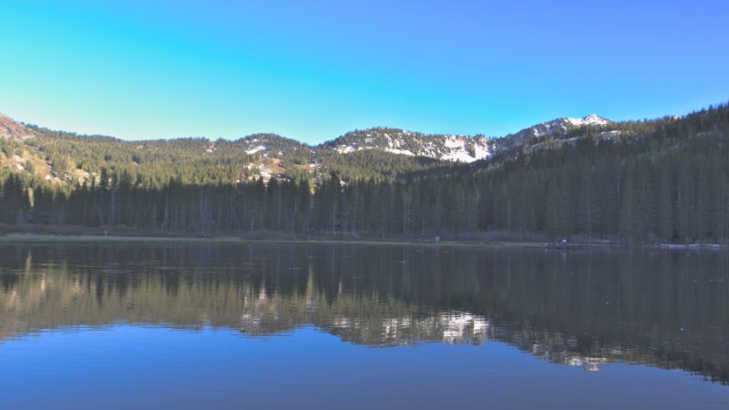 A calm mountain lake reflecting a dense evergreen forest and snow-dusted peaks under a clear blue sky.